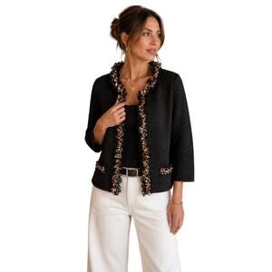 Chico’s Black Textured Cotton Jacket with Ruffle Trim – Size 0 (S/P Equivalent)